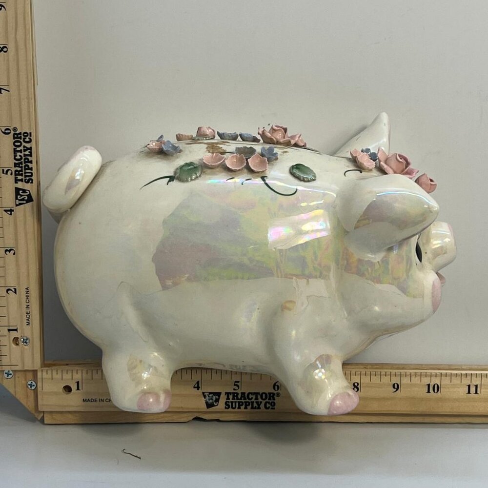 Vintage White Iridescent Piggy Bank Ceramic Floral Pink Roses Large 9 Inch